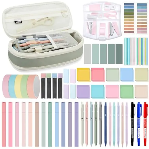 Sinload 60 Pcs Aesthetic Stationery Set Pencil Case with Highlighter Gel Pen Mechanical Pencil 500 Sheets Transparent Sticky Notes 720 Pcs Sticky Tabs Mini Office Supply Book Annotation Kit for School