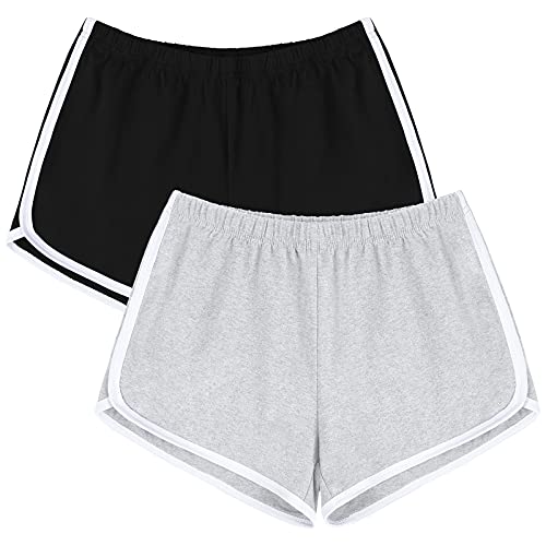 URATOT Women's Cotton Shorts Gym Shorts Yoga Shorts Summer Running Active Shorts Dance Elastic Shorts, Pack of 2 - Medium - Black, White-grey