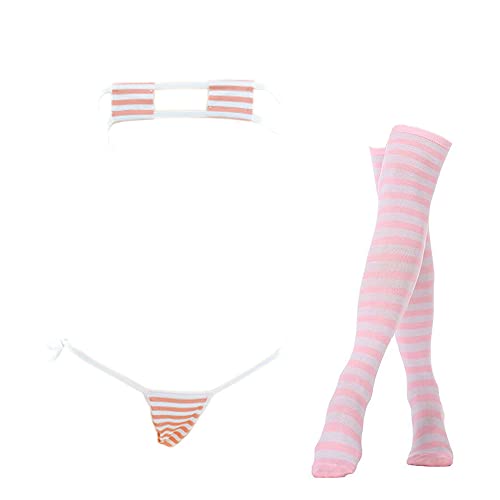 SINROYEE Sexy Lingerie Set for Women Japanese Anime Bikini Swimsuit Stripe with Striped Thigh High Socks - One Size - Pink Striped Square Bikini