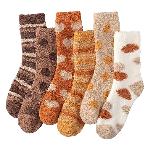 Plush Slipper Socks Women - Colorful Warm Fuzzy Crew Socks Cozy Soft for Winter Indoor - Caramel