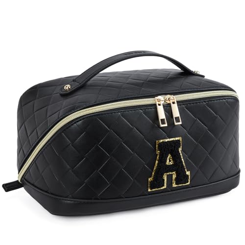 Telena Make up Tasche Damen PU-Leder Kulturtasche, Reise-Kosmetiktasche Kulturbeutel Waschtasche Kofferorganizer Bag für Frauen - A-schwarz