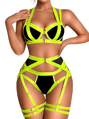 Kaei&Shi Strappy Harness, All Adjustable, Underwire Racerback, 4pc Garter Set - 8-10 - Neon Green Strappy