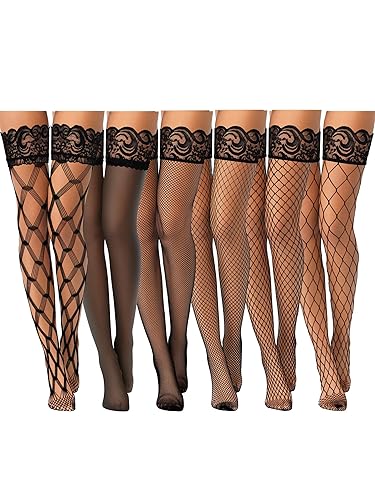 Janmercy 6 Pairs Fishnet Thigh High Stocking Silicone Lace Top Sheer Pantyhose Over Knee Stocking Silky Stockings for Women - Large - Black
