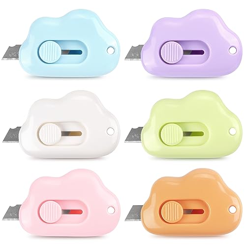 6 Pack Mini Box Cutter Cloud Utility Retractable Art Knives Letter Opener Envelope Slitter, Cloud Shaped Carton Portable Cutter with Key Chain Hole - Blue,pink,purple,white,green,yellow