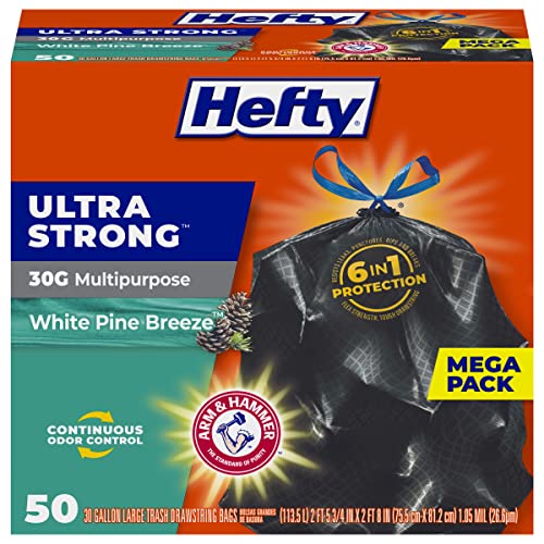 Hefty Ultra Strong 30 Gallon Trash Bags, Large Trash Bags 30 Gallon Size, Multipurpose, Break Resistant Drawstring Closure, Resists Leaks, Punctures, and Tears, Black, White Pine Breeze Scent, 50 Bags - White - 50 Count (Pack of 1)