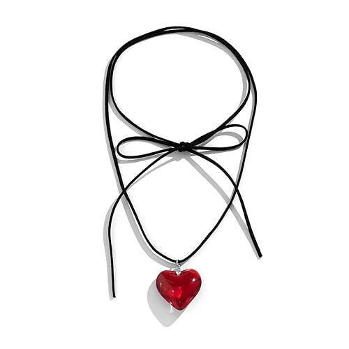 YURAOER Chunky Puffy Heart Choker Necklace - Big Heart Pendant Adjustable Velvet Chain Heart Necklaces for Women Y2K Trendy Jewelry Accessories - red