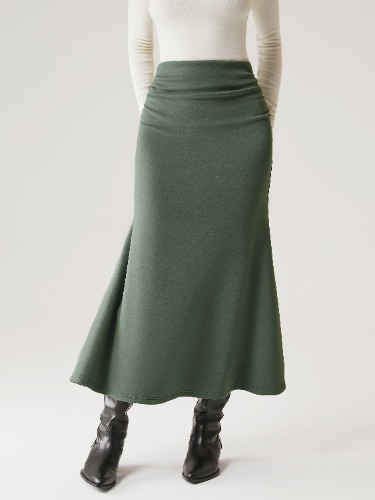 Ruched Side Mermaid Maxi Skirt-Brushed Inside - Moss / L