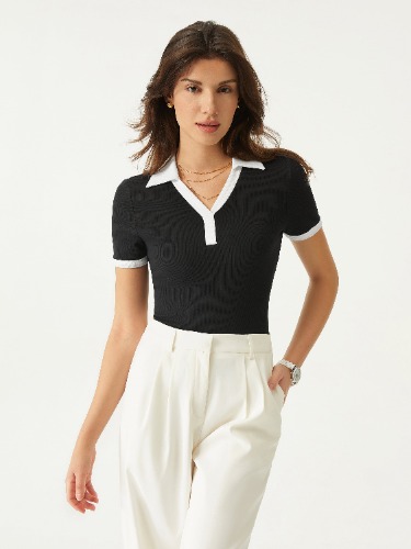 Plantive® Contrast Trim Polo Top - Rich Black / L