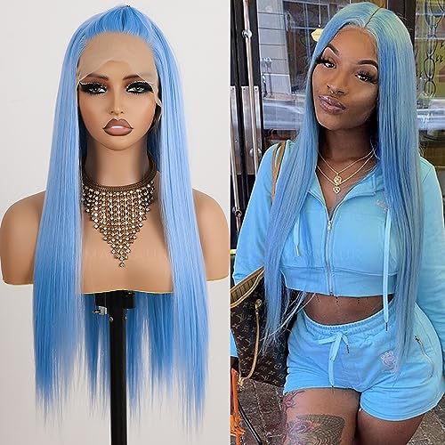 Maycaur Light Blue Lace Front Wigs Long Straight Hair 24 Inch Glueless Wigs for Fashion Women Synthetic Lace Front Wigs with Natural Baby Hair - #Light Blue