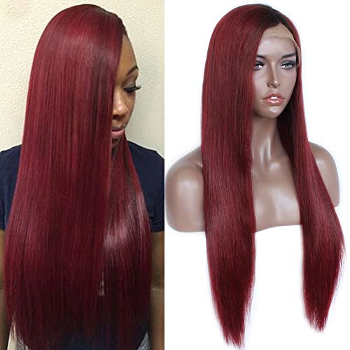 Maycaur 130 Density Burgundy Color Lace Front Wigs Silky Straight Full Lace Human Hair Wigs With Natural Baby Hair (20Inch, lace front wig) - 20 Inch - lace front wig Red