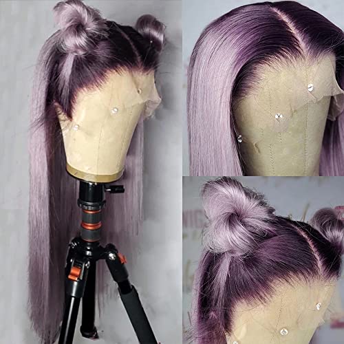 QD-Tizer Synthetic Lace Front Wigs Purple Long Straight Lace Front Wig Light Purple Ombre Color Free Part Lace Wig Natural Hair 24 inch - #Purple