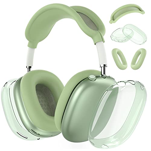 Silicone Case Cover for AirPods Max Headphones, Clear Soft TPU Ear Cups Cover/Ear Pad Case Cover/Headband Cover for AirPods Max, Transparent Accessories Silicone Protector for Apple AirPods Max, Green - Clear Green-T