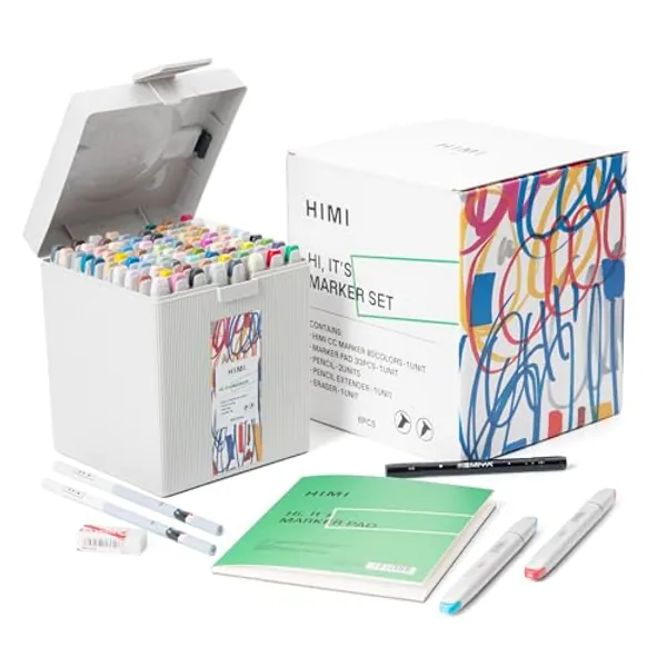 HIMI CC Marker Set Gift Box, Clean Smelling Alcohol Marker 80 Colors, Dual Tip Quick Drying Markers Hard and Soft Nib for Art