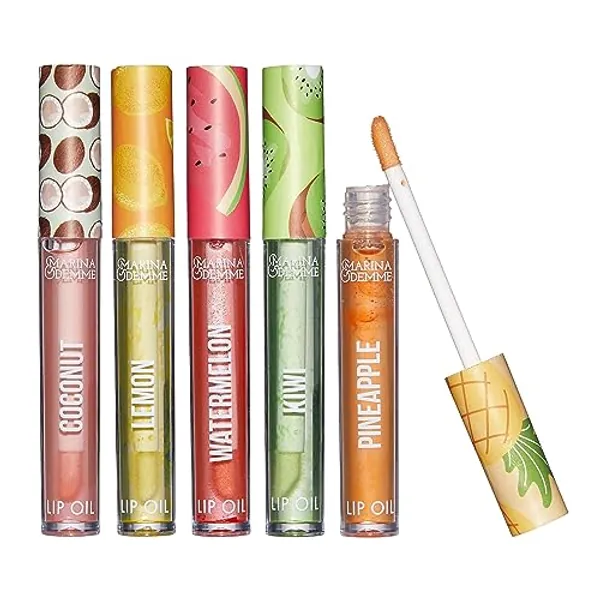 Marina and Demme 5 Piece Tropical Lip Oil Collection: Set of 5 Vibrant Lip Glosses in Travel-Friendly Tubes (2.5ml Each) for Luxurious Lip Care