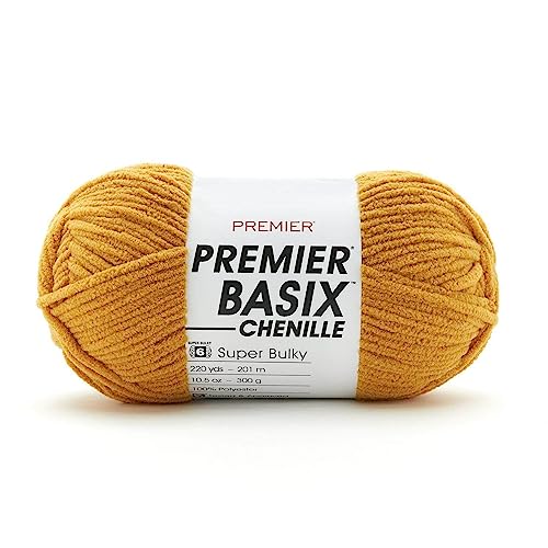 Premier Yarns Basix Chenille Yarn, Made of Polyester, Super Bulky Yarn for Crocheting and Knitting, Mustard, 10.5 oz, 220 Yards - Mustard