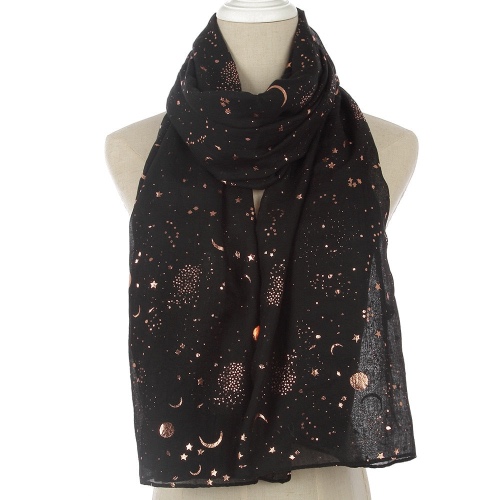 Hours of the Equinox Metallic Moon and Stars Print Lightweight Fashion Scarf - Black