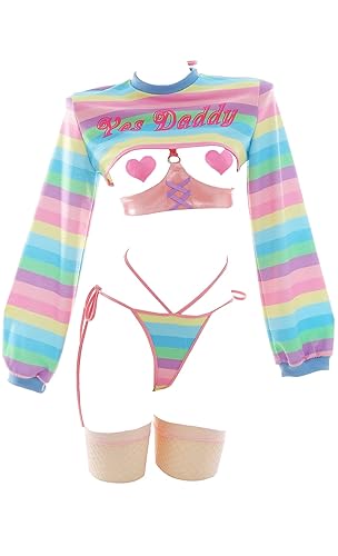 MEOWCOS Women's Lingerie Rainbow Stripe Lingerie Top and Panty Set Bikini Short Tops Panty with Stockings - Small - Rainbow