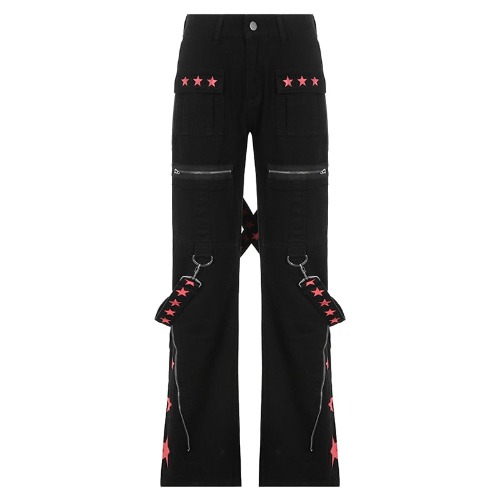 Goth 'Bonded By Blood' Black Grunge Low Waist Denim Pants - Black / L