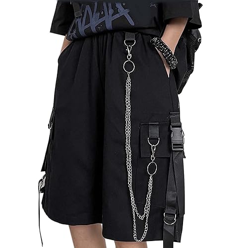MEINVQIAOTI Black Cargo Pants for Women Street Harajuku Loose Straight Shorts Black Pants with Chains - Medium - Black
