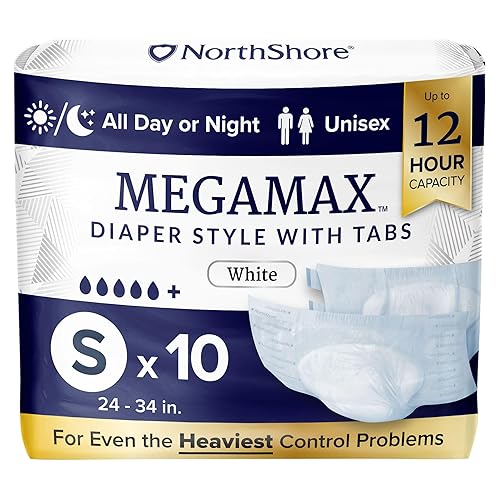 NorthShore MegaMax Adult Overnight Diapers, 12-Hour Tab-Style, Small, 10 Count Bag, White, 24-34 inches, Unisex Incontinence Underwear - White - Small (10 Count)