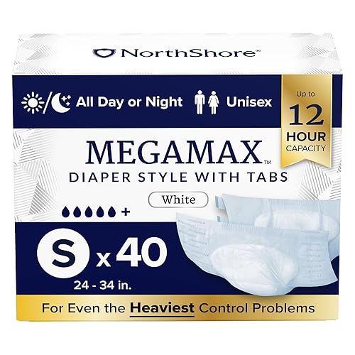NorthShore MegaMax Adult Overnight Diapers, 12-Hour Tab-Style, Small, 40 Count Case, White, 24-34 inches, Unisex Incontinence Underwear - White - Small (40 Count)