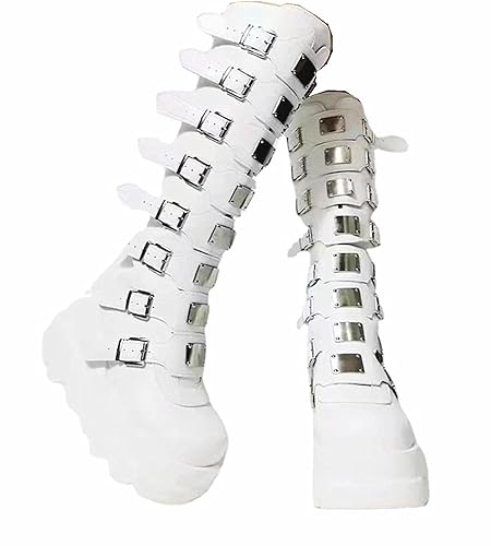 Gothniero High Platform Knee Boots Chunky Heel Wedge Black Boots For Women Combat Goth Punk Motorcycle Booties Zip up With Metal Buckles Size5-11 - White - 9