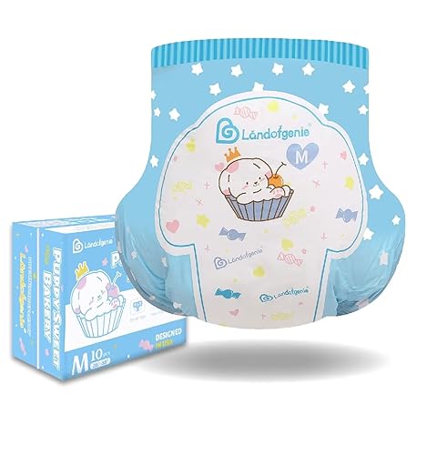 Landofgenie Adult Diaper Incontinence Underwear Large Overnight Printed Adult Diapers with Tabs 10 Pieces - Puppy Sweet Bakery (Medium 28"-38") - Blue - Medium