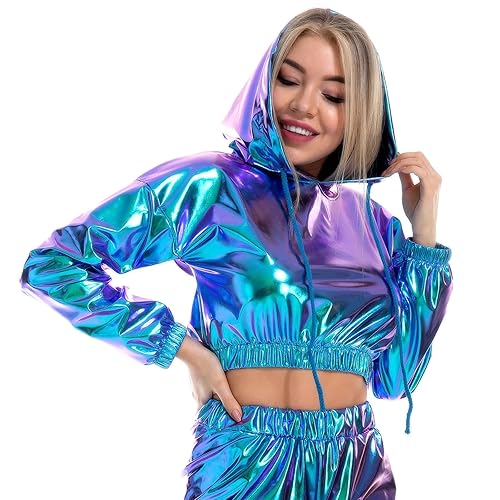 OBEEII Womens Shiny Metallic Crop Top Hoodies Drawstring Long Sleeve Wet Look Pullover Holographic Sweatshirts Club Wear - Laser Blue - Medium