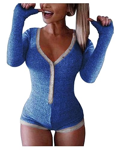 Roselux Women's Sexy Deep V Neck Shorts Long Sleeve Knitted One Piece Bodysuit Sexy Pajama Onesie Bodycon Rompers Overall - B-long Sleeve-blue&gray - Medium