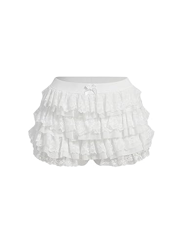 BEAUDRM Women's Y2k Ruffle Shorts Lolita Bloomer Shorts Layered Lace Trim Shorts Elastic Waist Bow Front Micro Shorts - Small - White