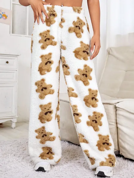 SHEIN EZwear Bear Print Teddy Wide Leg Pants