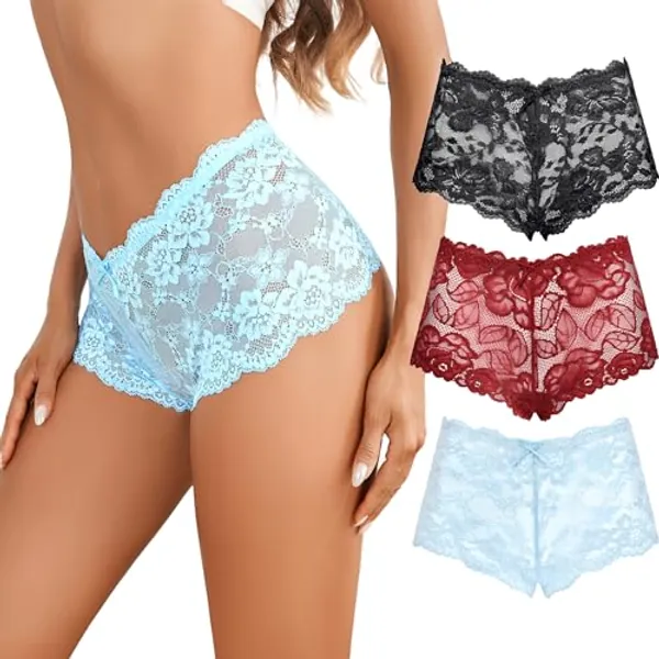 Avidlove Women's Underwear Floral Lace High Waist Cheeky Pack of 4 - Small - Burgundy E/Light Blue F/Black G