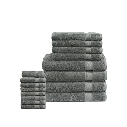 LANE LINEN 16PC Bath Towels Bathroom Set - Space Grey for 100% Cotton Towel Luxury Highly Absorbent Shower 4 Hand 8 Washcloths - 16 Piece Towel Set - Space Grey