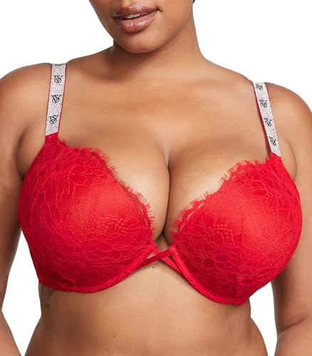 Victoria's Secret Bombshell Push Up Bra, Adds 2 Cups, Shine Strap, Bras for Women (32A-38DD) - Lipstick Red Lace Monogram - 34B