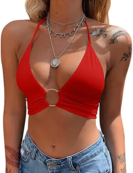 Mizoci Women's Summer Sleeveless Halter Deep V Neck Crop Top Tie Up Backless Cami - X-Small - Red