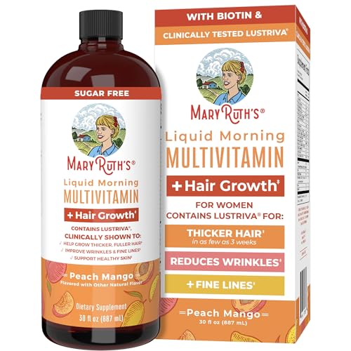 MaryRuth's Liquid Multivitamin + Lustriva® Hair Growth | Biotin 10000mcg | Vitamin D | B Vitamins | Clinically Tested for Thicker Hair, Wrinkles, Fine Lines, Skin Care | Ages 18+ | 30 Fl Oz - Peach Mango - 30 Fl Oz (Pack of 1)