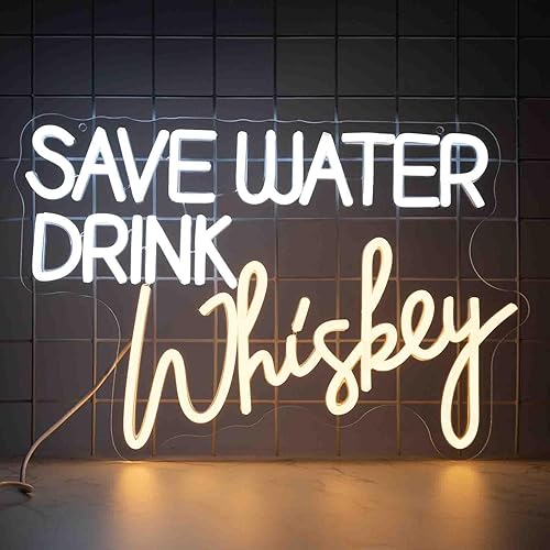 AUGELRE Save Water Drink Whiskey Neon Sign, Neon Signs for Wall Decor, Dimmable Led Signs for Bedroom, Light Up Signs for Home Bar Man Cave Pub Restaurant Bistro Club Birthday Party Decorations Gifts - warm white