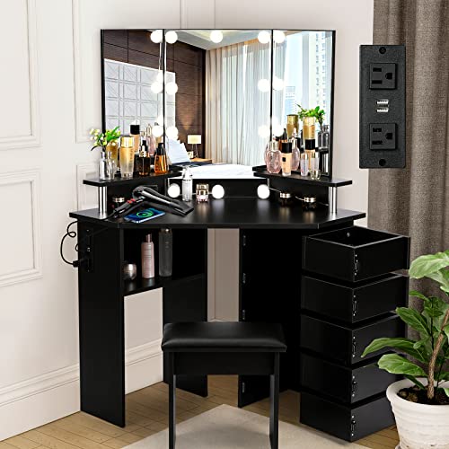 VOWNER Vanity with Lights - Makeup Vanity Desk with Power Outlet, 3 Color Lighting Options Brightness Adjustable, Vanity Table with 5 Rotating Drawers, Shelves and Stool, Corner Vanity for Women Girls - Black - Rotating Drawers & Outlet