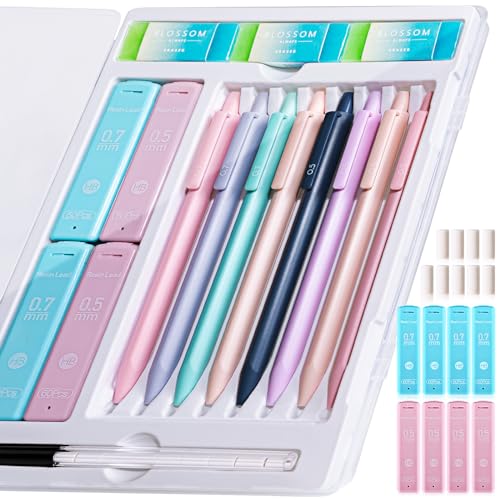 20PACK Mechanical Pencil, 8Pcs 0.5 0.7mm Mechanical Pencils Set With Eraser and 480 Pcs Refills, Cute Colored Preppy School Supplies Gift for Girls Writing - Come With Custom Case - Pink - 0.5mm+0.7mm