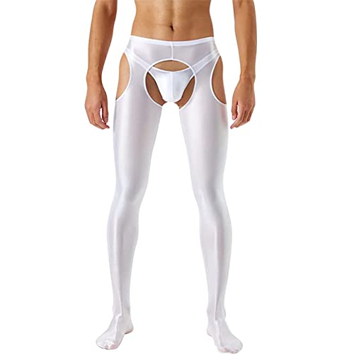 FiwoXam Men's 70D Glossy Compression Long Pants Hollow Out Tights Trousers Full-Length Pantyhose - Medium - White