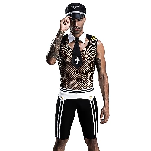 BaronHong Pilot Uniform Men's Erotic Bar Nightclub Sexy Cosplay Suit Temptation Halloween Outfit Lingerie Rave Party - One Size - Black