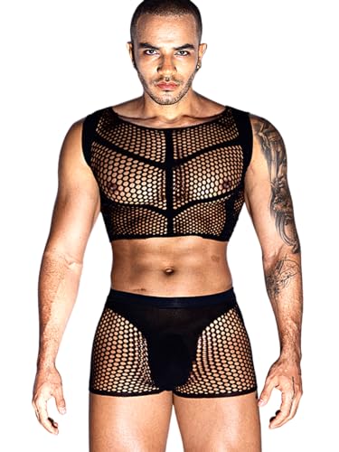 ChiaoLezhee Mens Tank Top and Panty, Sheer Fishnet Dancewear, Sexy Club Outfit - One Size - Black