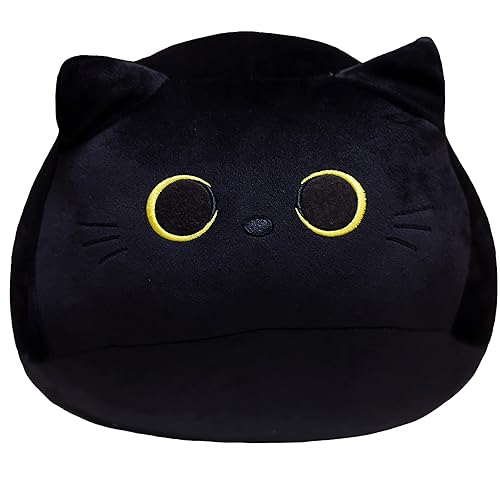 AudeRhine 10'' Cute Black Cat Plush Toys, Soft Pillow Squishy Plushies, Kawaii Cat Stuffed Animals for Home Decoration, Gift for Cat Lovers, Kids, Boys & Girls (Black, 10 Inch) - Small - Black