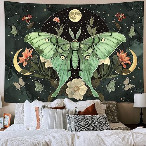 JAWO Green Butterfly Moon luna moth Flower Tapestry Boho Floral Plant moth Tapestries for Bedroom Aesthetic Tapastry's Wall Hanging Mandala Botanical Wall Tapestry for Living Room Dorm 60X40 - Green - 60L" x 40W"