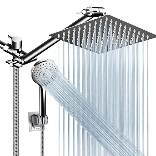 Shower Head Combo,10 Inch High Pressure Rain Shower Head with 11 Inch Adjustable Extension Arm and 5 Settings Handheld Shower Head Combo,Powerful Shower Spray Against Low Pressure Water - Matte Black - 10'' Showerhead Set Chrome