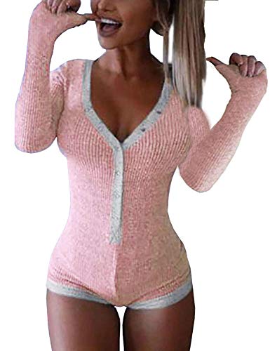 Roselux Women's Sexy Deep V Neck Shorts Long Sleeve Knitted One Piece Bodysuit Sexy Pajama Onesie Bodycon Rompers Overall - Medium - B-long Sleeve-pink&gray