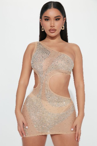 Nikki Embellished Mini Dress - Nude | M