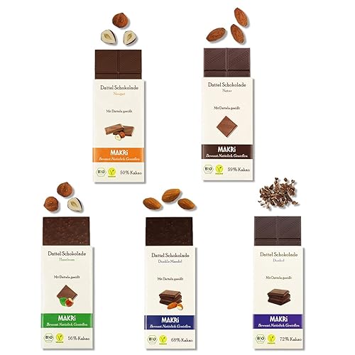 MAKRi® BIO Dattel Schokolade (Probierpaket) Ohne raffinierten Zucker, Mit Datteln gesüßt, Vegan & Fair gehandelt (5) - Schokolade - 5 Stück (1er Pack)
