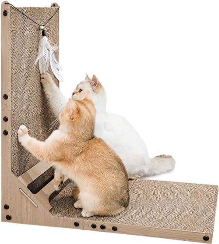 Mora Pets Kratzbrett Katze Kratzpappe Vergrößern 59 cm Hohe, L-förmiger Kratzbretter Hochwertigeren Katzenkratzbretter mit Ballspielzeug und Katzenminze Wellpappe Kratzmöbel Katzen Kratz Pappe, Größe