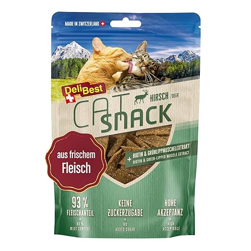 DeliBest Cat Snack aus 100% Schweizer Hirschfleisch I Katzen Leckerlies getreidefrei I halbfeuchte Leckerlies leicht verdaulich I Katzen Snack für Fellglanz I Allergiker geeignet I 45g - 50 g (1er Pack) - Hirsch